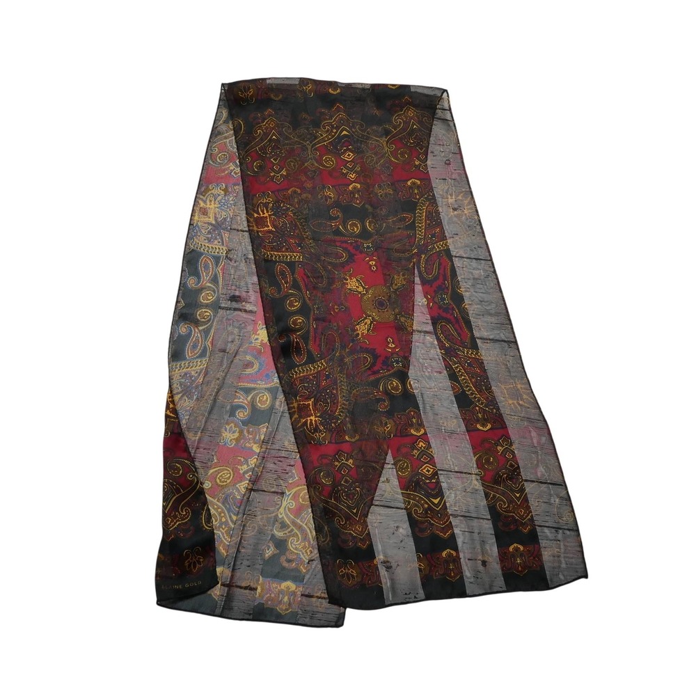 Elaine‎ Gold Scarf Womens One Size Black Silk Paisley Chiffon Rectangle Sheer